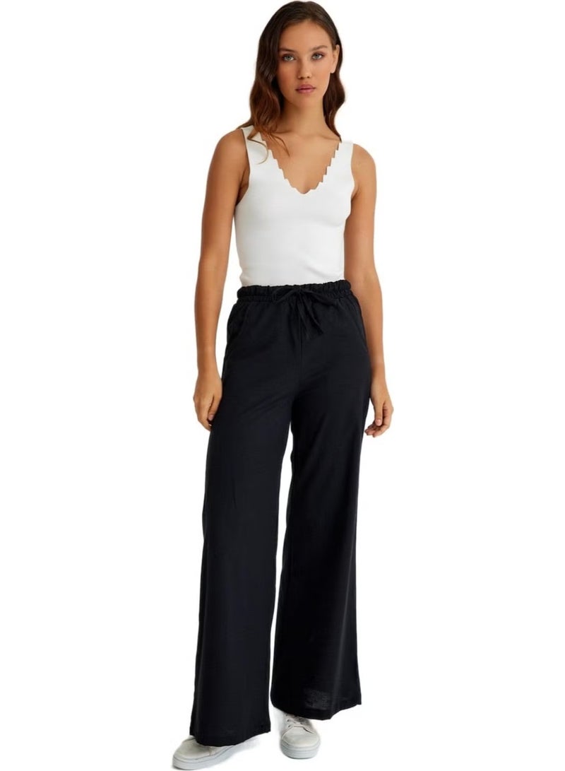 Barbora Linen Casual Trousers with Elastic Waistband and Lace-Up LN12BLACK2 - Image 1